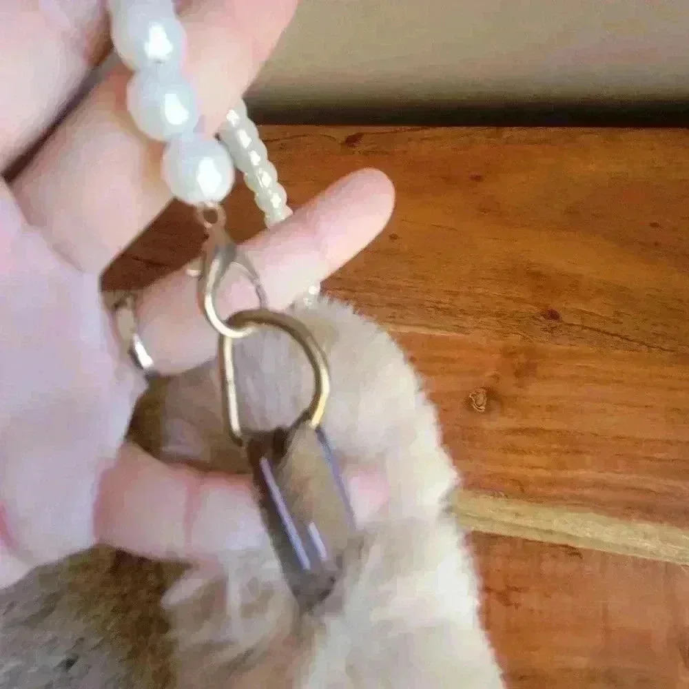 Beige Faux White Pearl Decor Heart Design Fluffy Women's Small Crossbody Purse - Picture 7 of 9